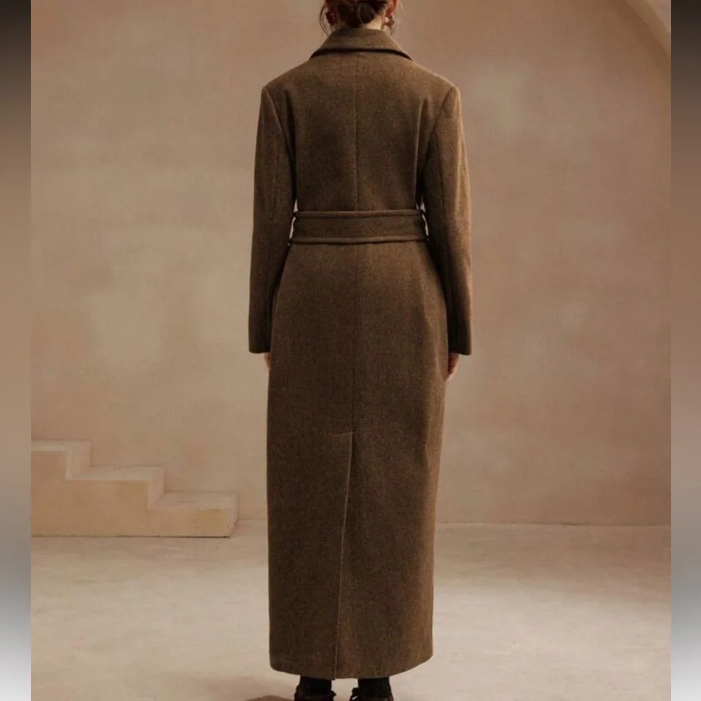 Luxury Long Pea Coat Belted Jacket dark Brown - Picture 5 of 13
